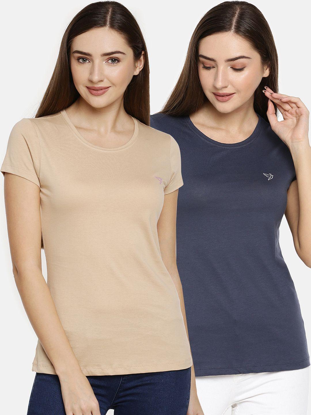 twin birds women pack of 2 solid round neck slim fit pure cotton t-shirts