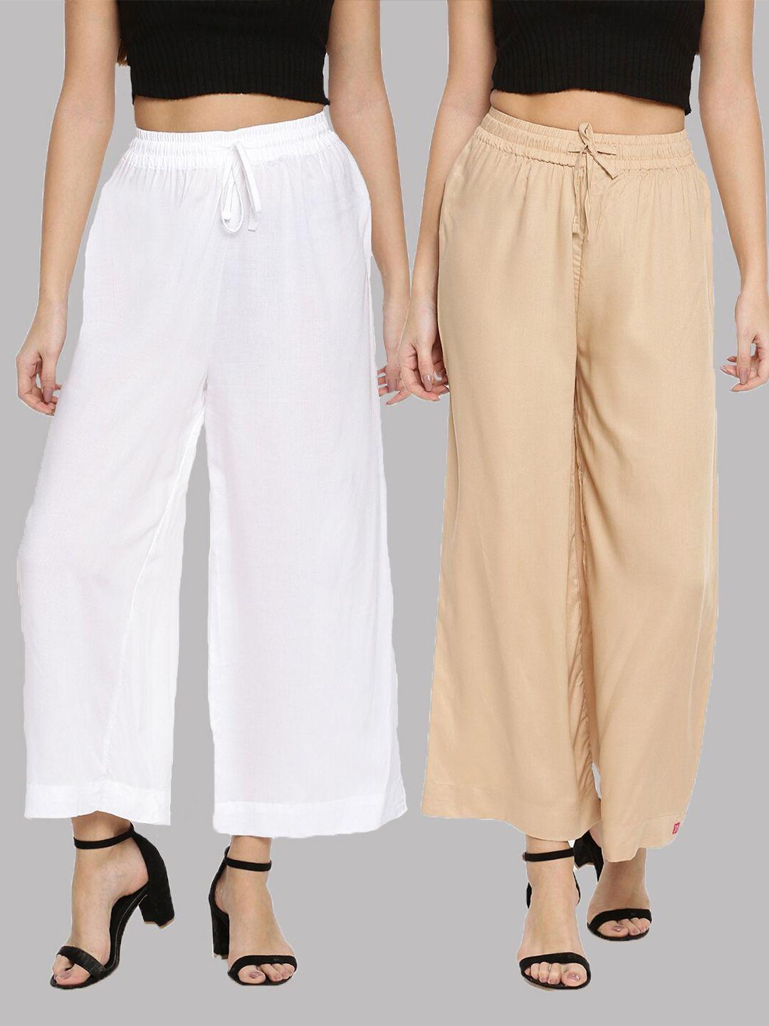 twin birds women pack of 2 white & beige solid wide leg  palazzos