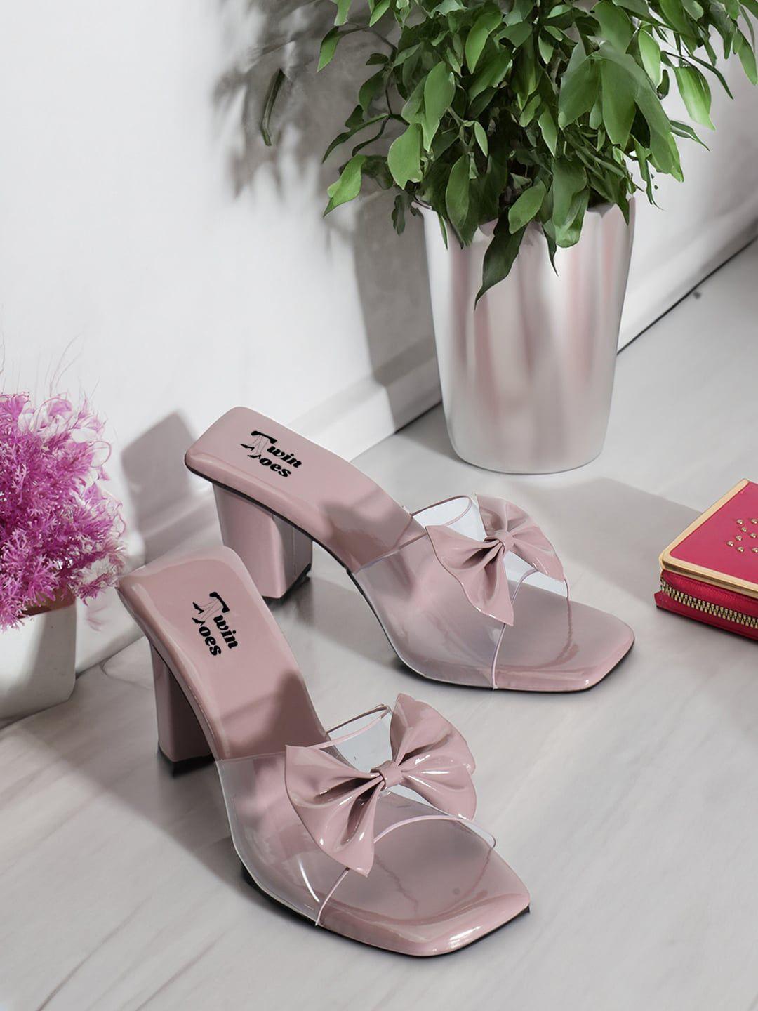 twin toes bow embellished block heels