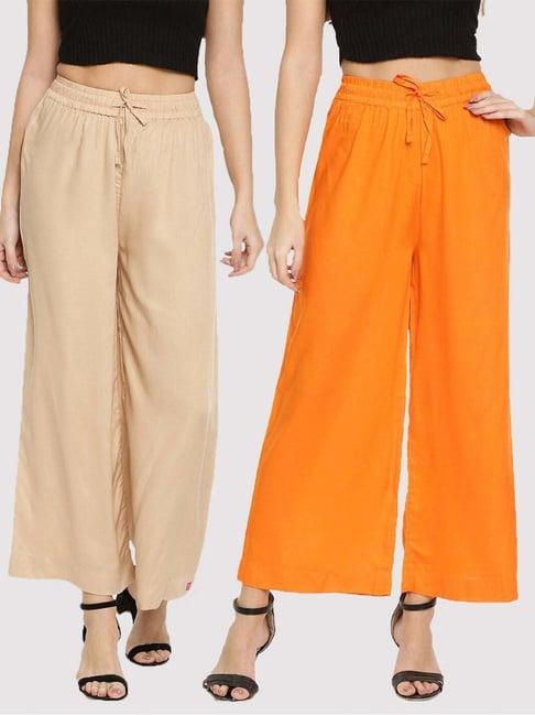 twin birds beige & orange mid rise palazzos - pack of 2