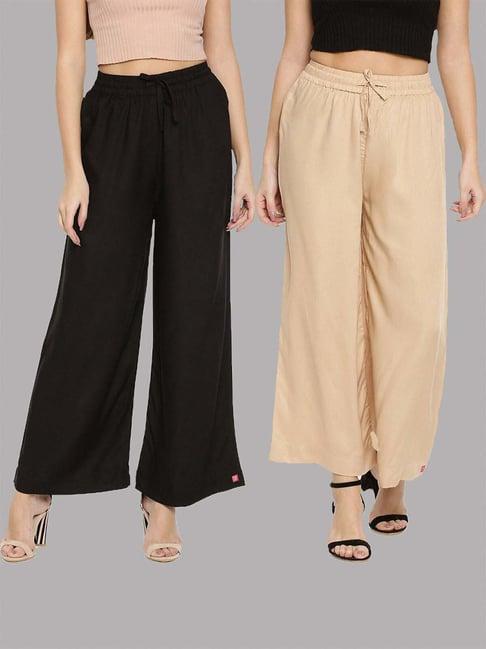 twin birds black & beige mid rise palazzos - pack of 2