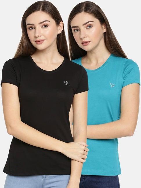 twin birds black & turquoise cotton logo print t-shirt - pack of 2