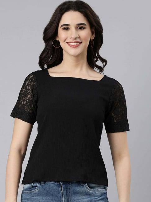 twin birds black lace work top