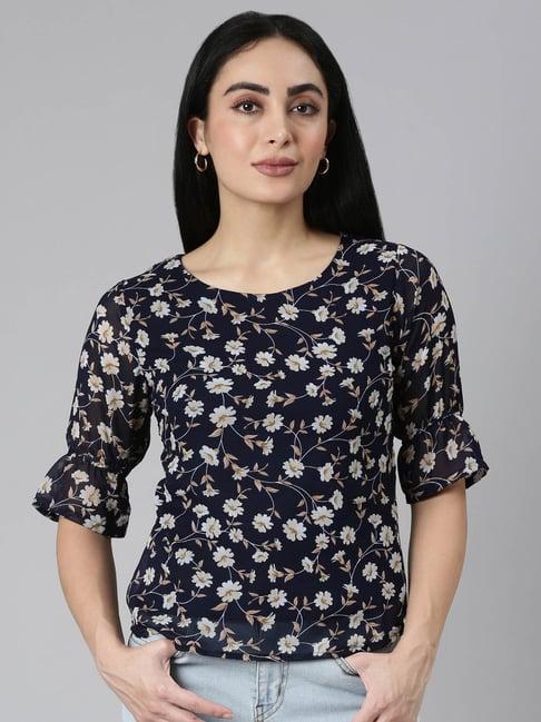 twin birds dark navy floral print top