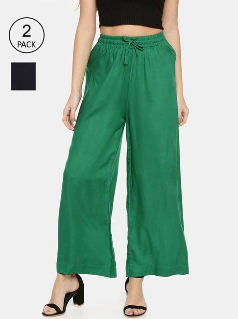 twin birds green & navy mid rise palazzos - pack of 2