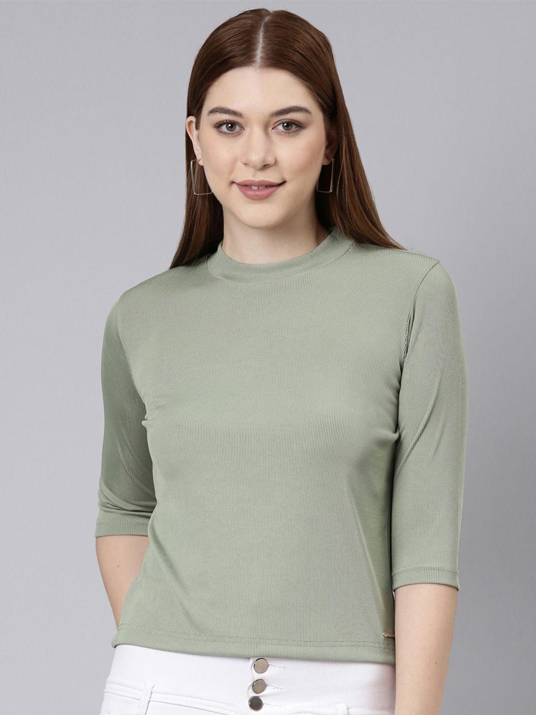 twin birds high neck ribbed casual t-shirt