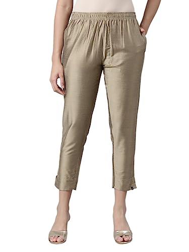 twin birds honey dew coloured mid-rise solid metallic straight pants with functional pockets for women - (l)