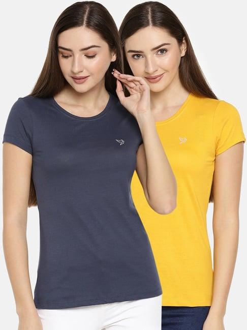 twin birds indigo & yellow cotton logo print t-shirt - pack of 2