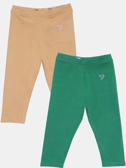 twin birds kids beige & green cotton regular fit leggings (pack of 2)