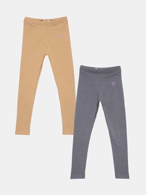 twin birds kids beige & grey cotton regular fit leggings (pack of 2)