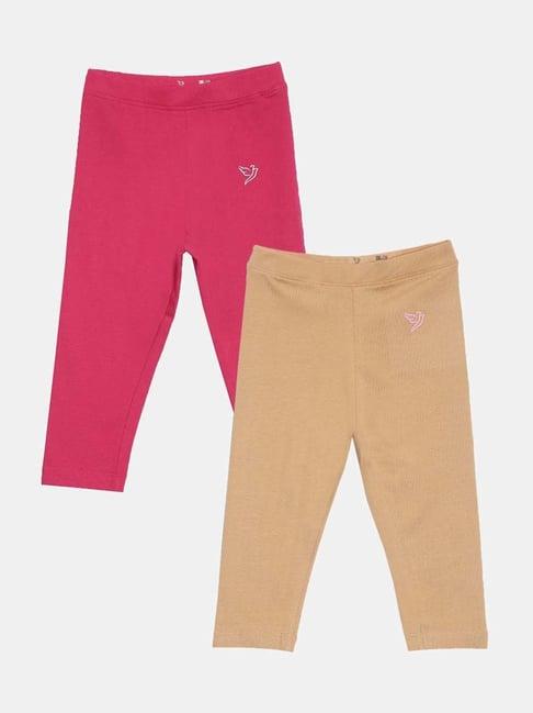 twin birds kids beige & pink cotton regular fit leggings (pack of 2)