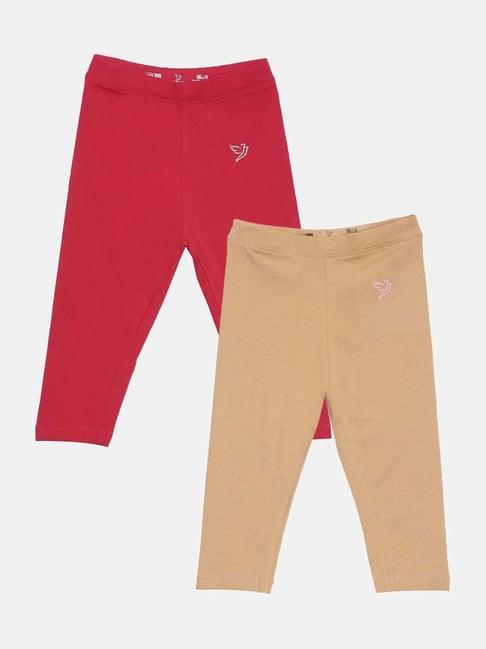 twin birds kids beige & red cotton regular fit leggings (pack of 2)