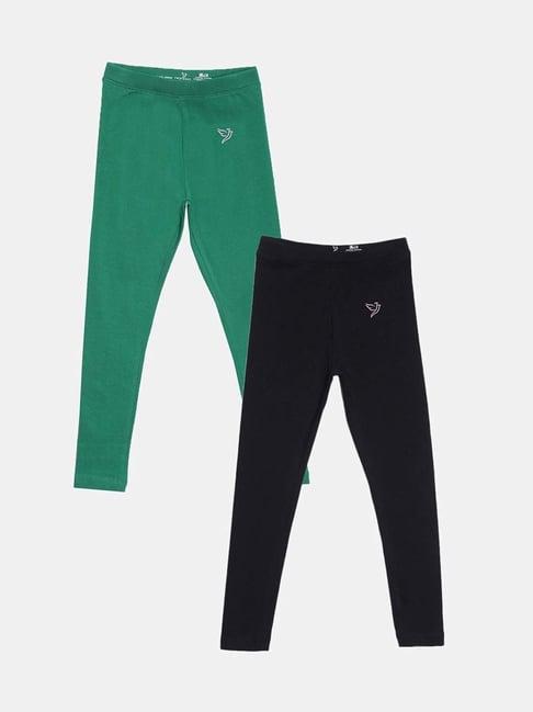 twin birds kids black & green cotton regular fit leggings (pack of 2)