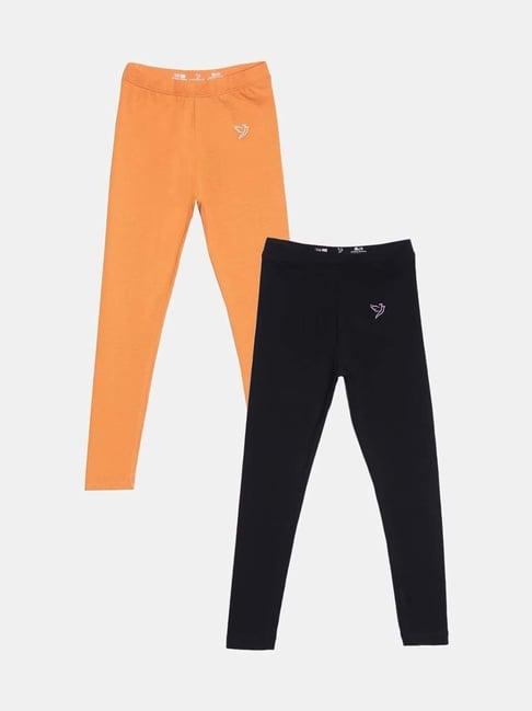 twin birds kids black & orange cotton regular fit leggings (pack of 2)