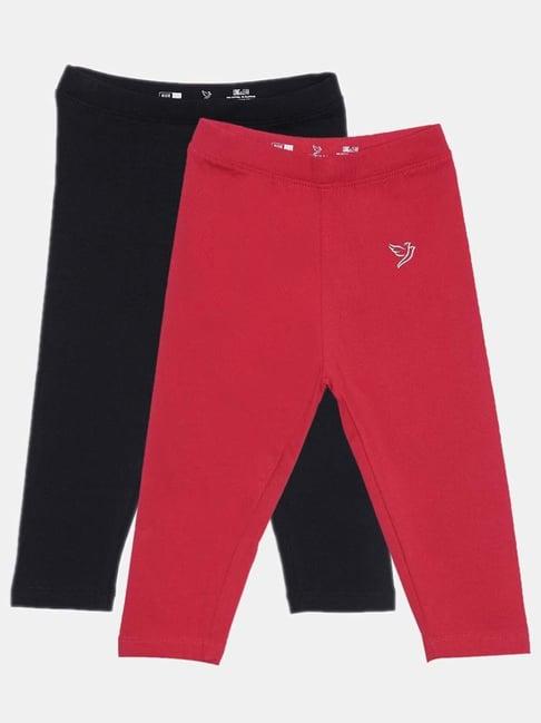 twin birds kids black & red cotton regular fit leggings (pack of 2)