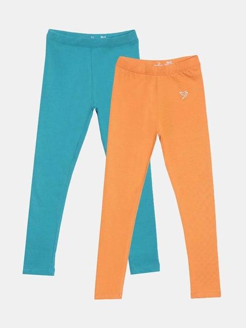 twin birds kids blue & orange cotton regular fit leggings (pack of 2)
