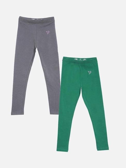 twin birds kids grey & green cotton regular fit leggings (pack of 2)