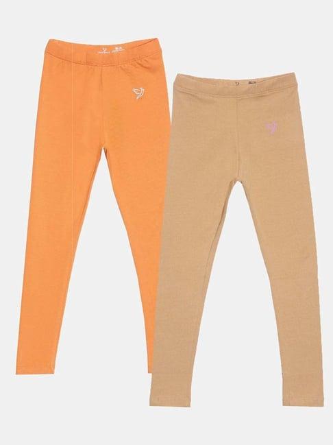 twin birds kids orange & beige cotton regular fit leggings (pack of 2)