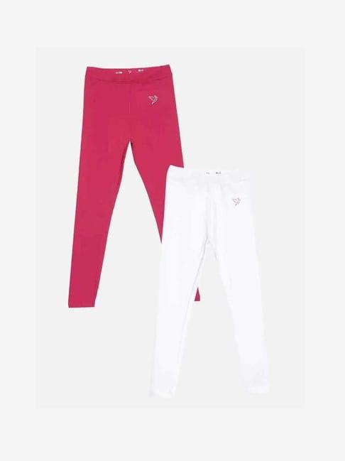 twin birds kids pink & white cotton regular fit leggings (pack of 2)
