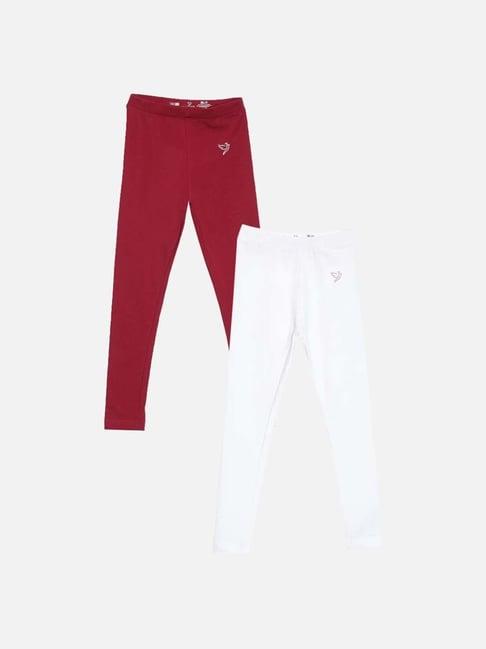 twin birds kids red & white cotton regular fit leggings (pack of 2)