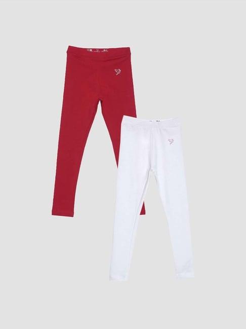 twin birds kids red & white cotton regular fit leggings (pack of 2)