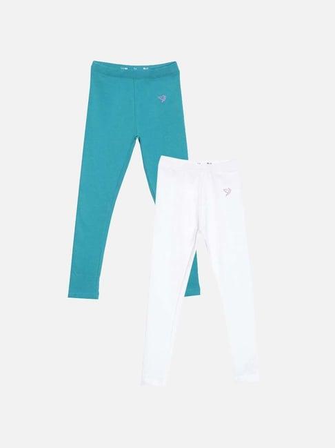 twin birds kids teal blue & white cotton regular fit leggings (pack of 2)