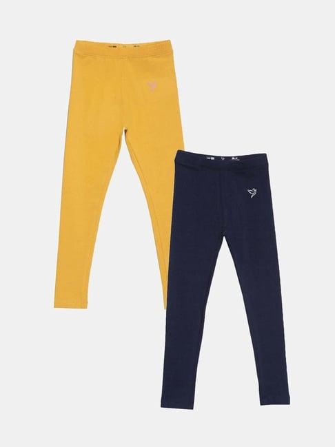 twin birds kids yellow & navy cotton regular fit leggings (pack of 2)