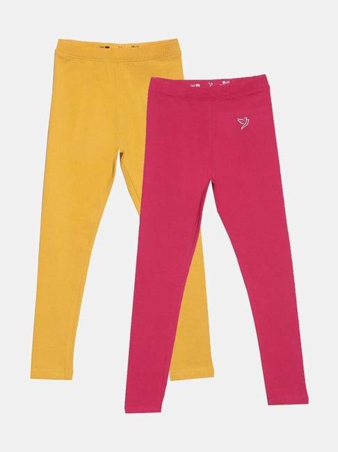 twin birds kids yellow & pink cotton regular fit leggings (pack of 2)