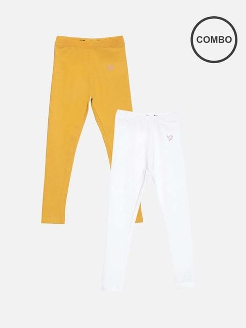 twin birds kids yellow & white cotton regular fit leggings (pack of 2)