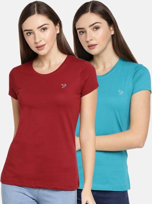 twin birds maroon & blue cotton t-shirt - pack of 2