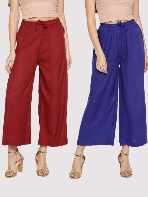 twin birds maroon & blue mid rise palazzos - pack of 2