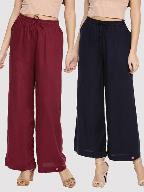 twin birds maroon & navy mid rise palazzos - pack of 2