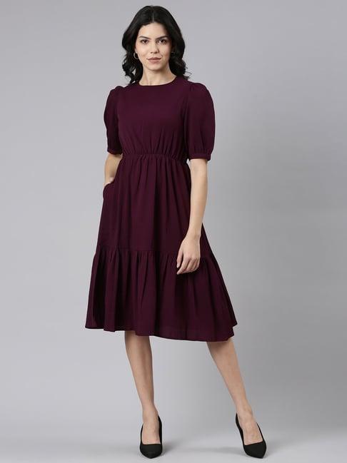 twin birds maroon a-line dress