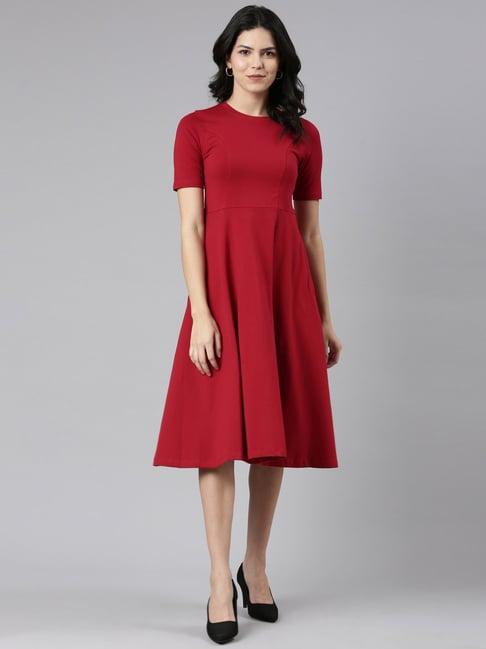 twin birds maroon cotton a-line dress