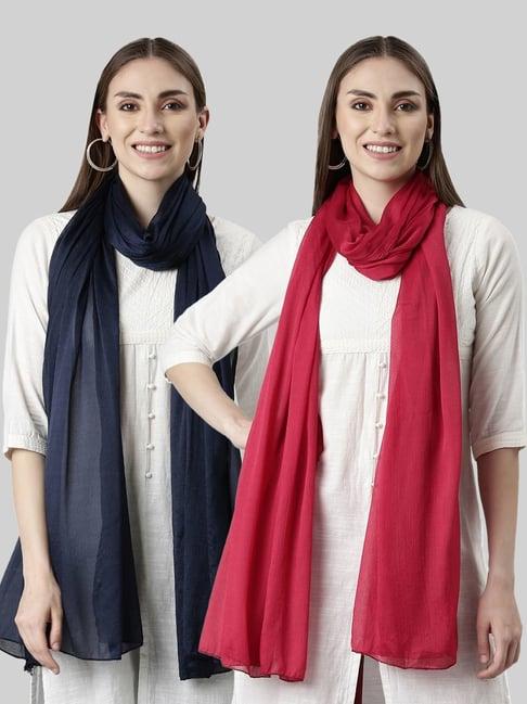 twin birds navy & red plain dupatta - pack of 2