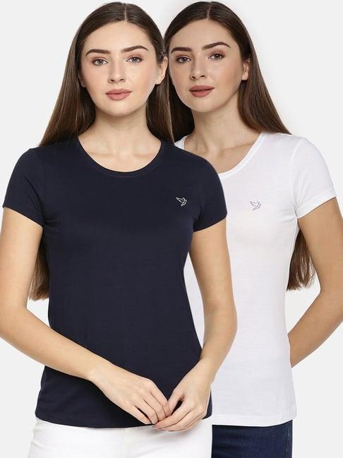 twin birds navy & white cotton logo print t-shirt - pack of 2