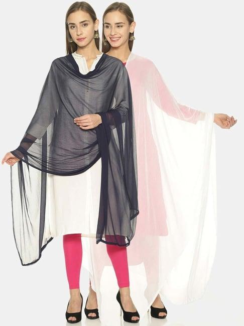 twin birds navy & white plain dupatta - pack of 2