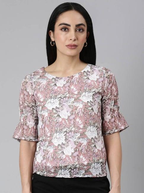 twin birds peach floral print top