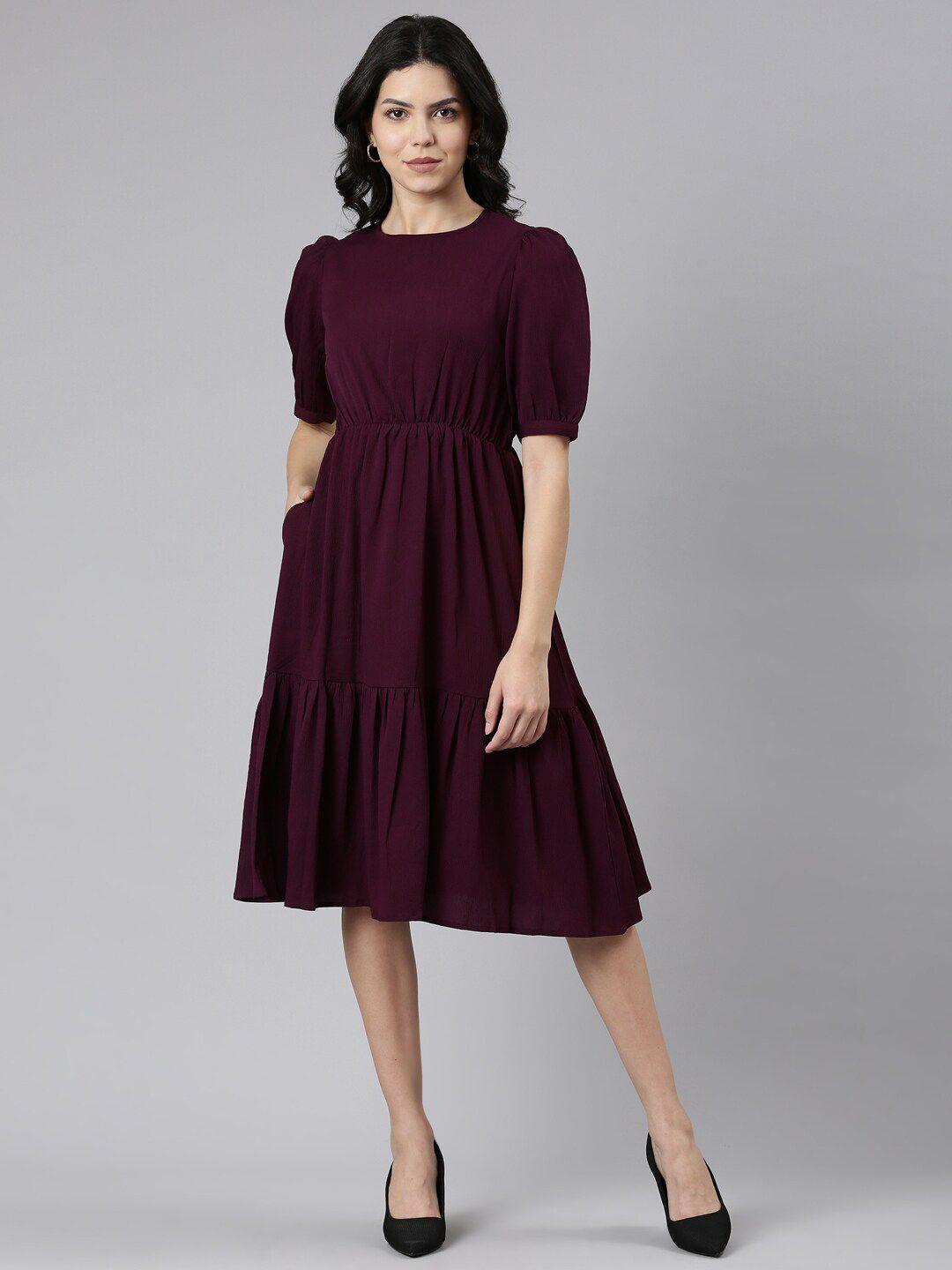twin birds puff sleeve crepe fit & flare knee length dress
