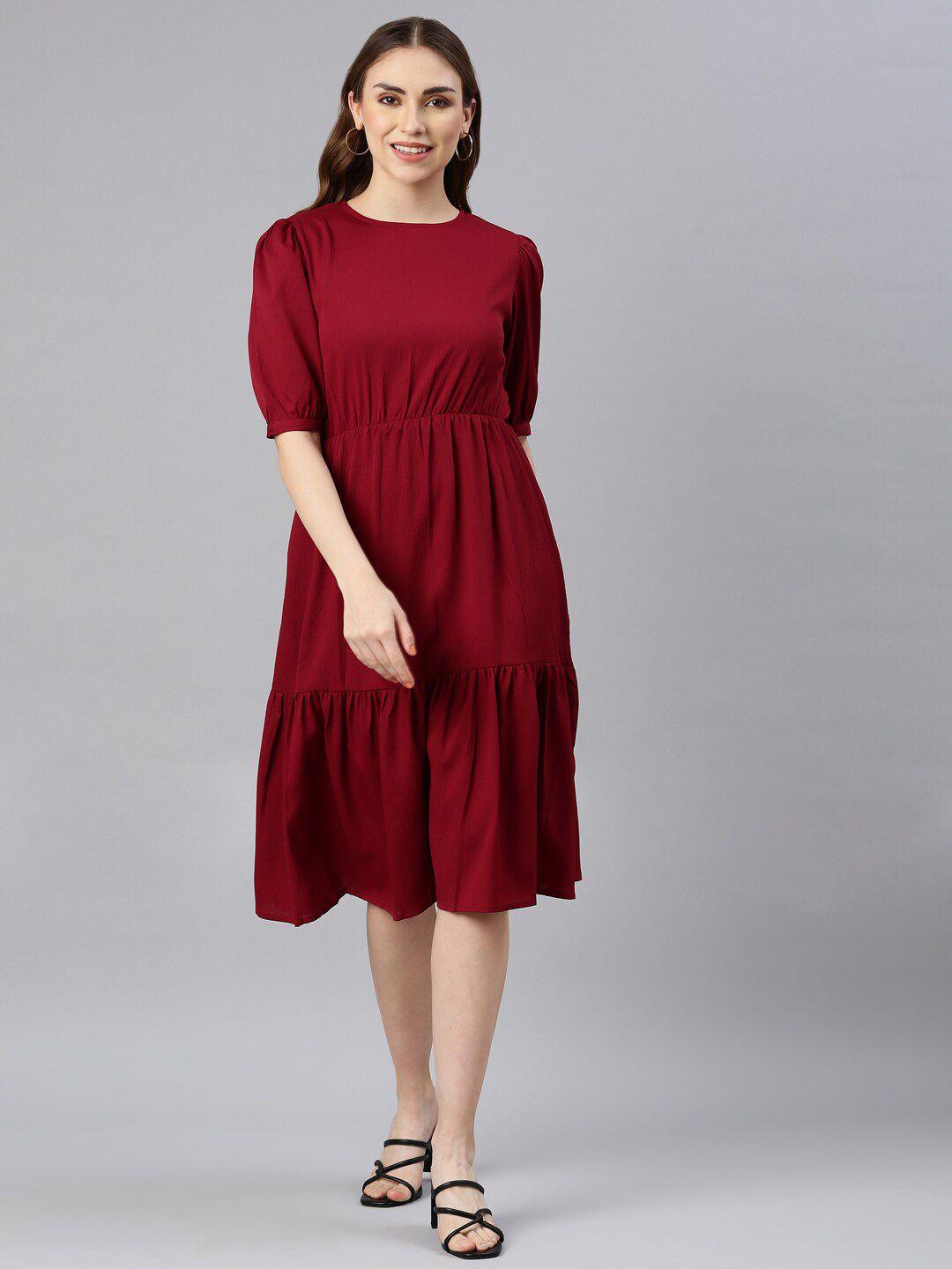 twin birds puffed sleeves tiered fit & flare midi dress