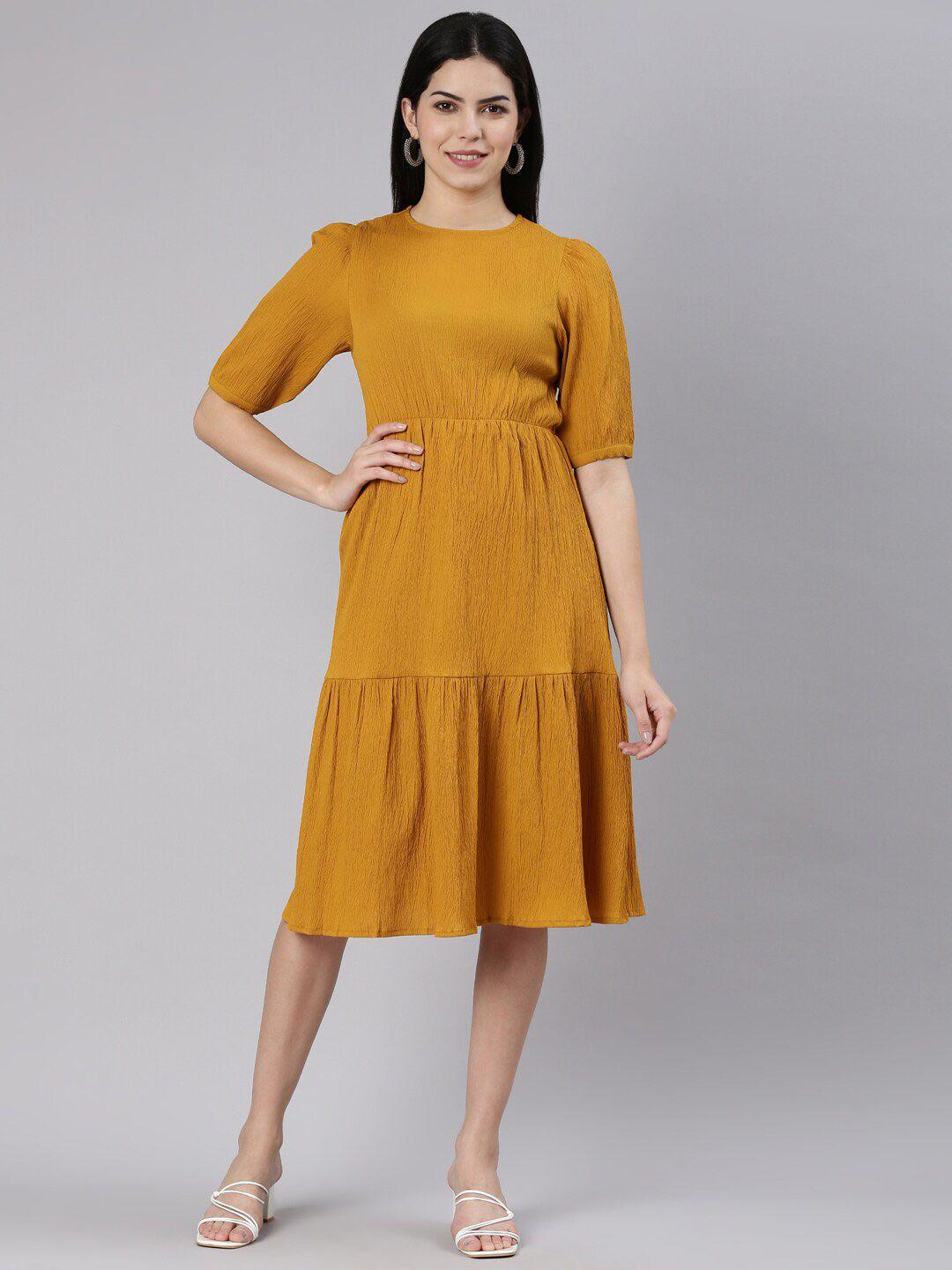 twin birds round neck puff sleeve gathered tiered fit & flare dress