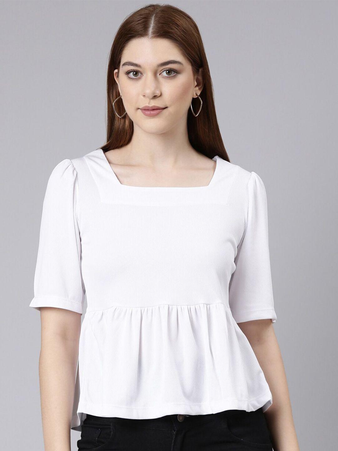 twin birds square neck puff sleeves gathered peplum top