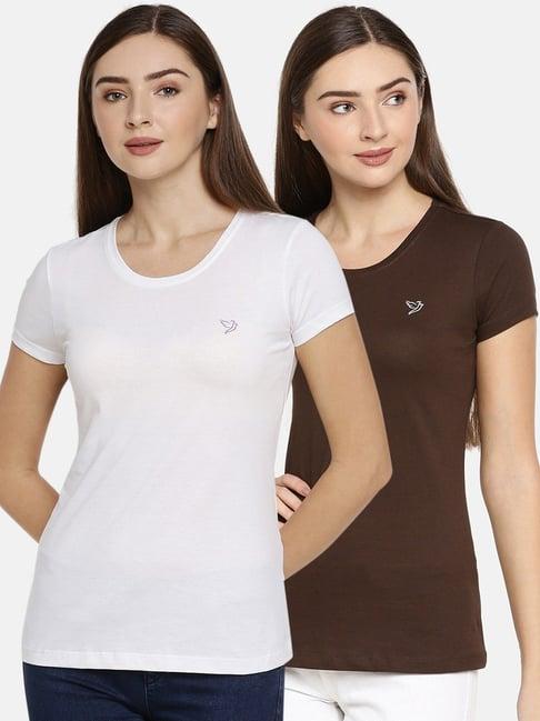 twin birds white & brown cotton t-shirt - pack of 2