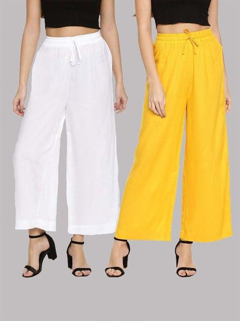 twin birds white & yellow mid rise palazzos - pack of 2