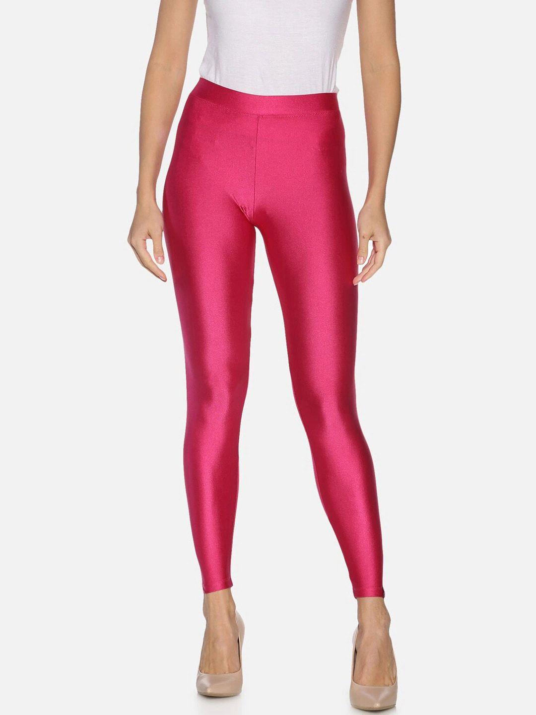 twin birds women fuchsia pink coloured solid shimmer ankle-length leggings