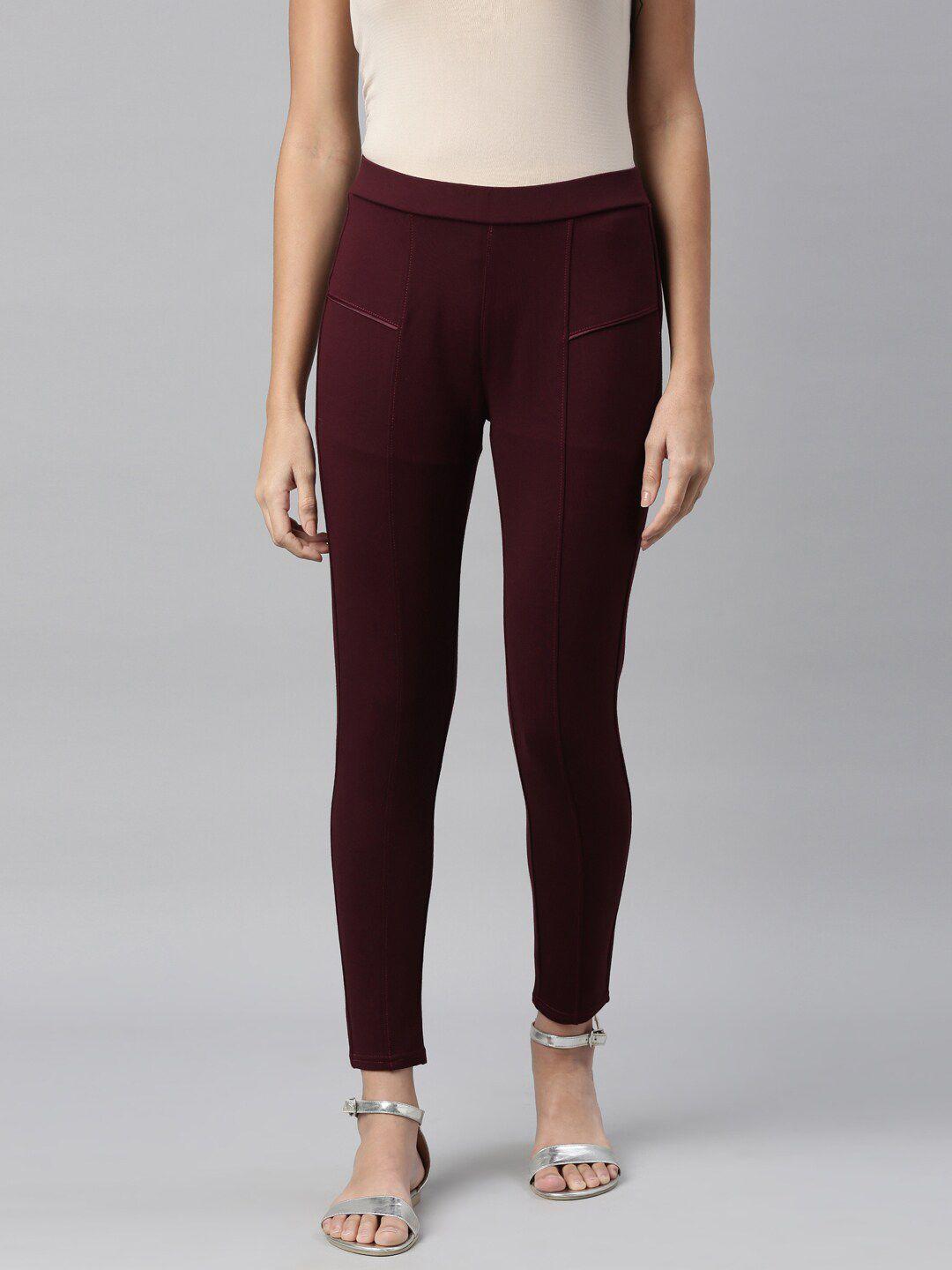 twin birds women maroon solid slim-fit treggings