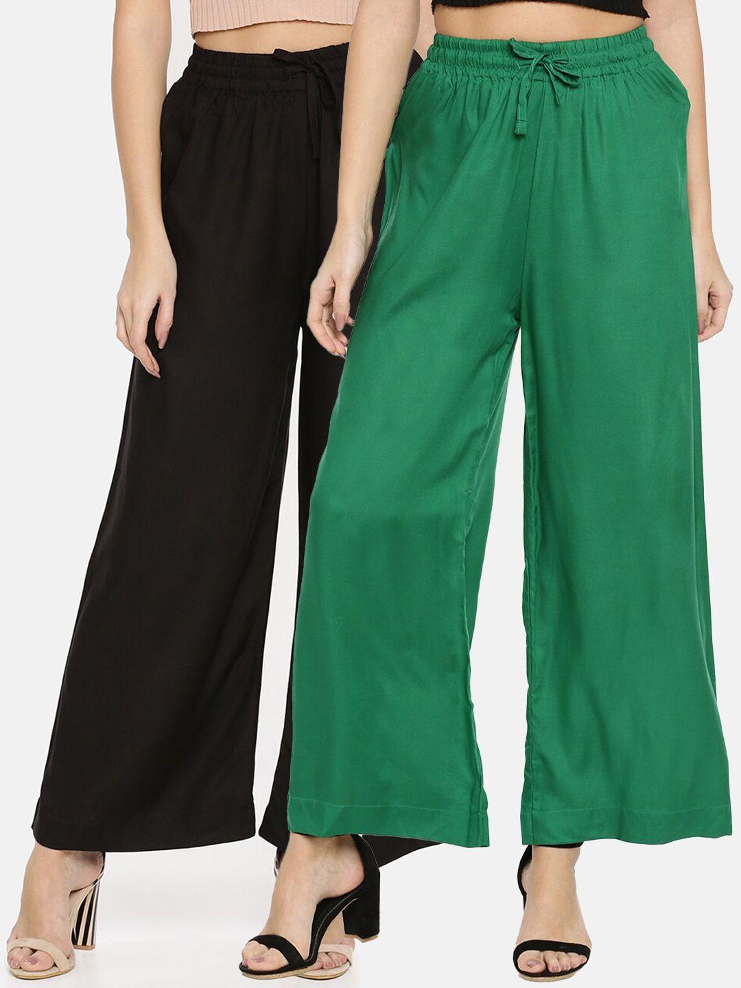 twin birds women pack of 2 black & green solid wide leg palazzos