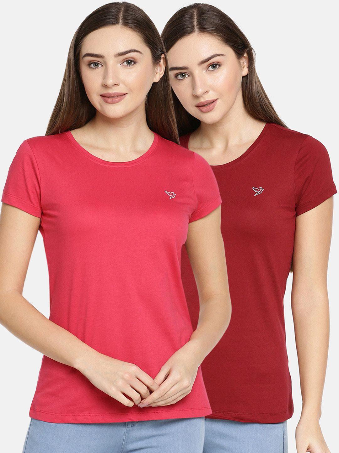 twin birds women pack of 2 coral pink  maroon solid round neck pure cotton t-shirt