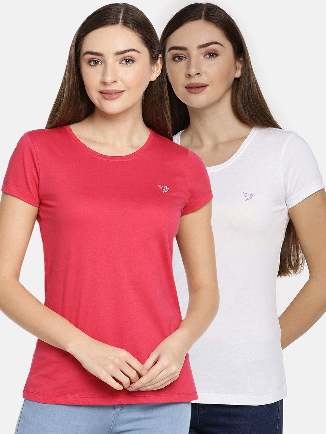 twin birds women pack of 2 coral pink  white solid round neck pure cotton t-shirt