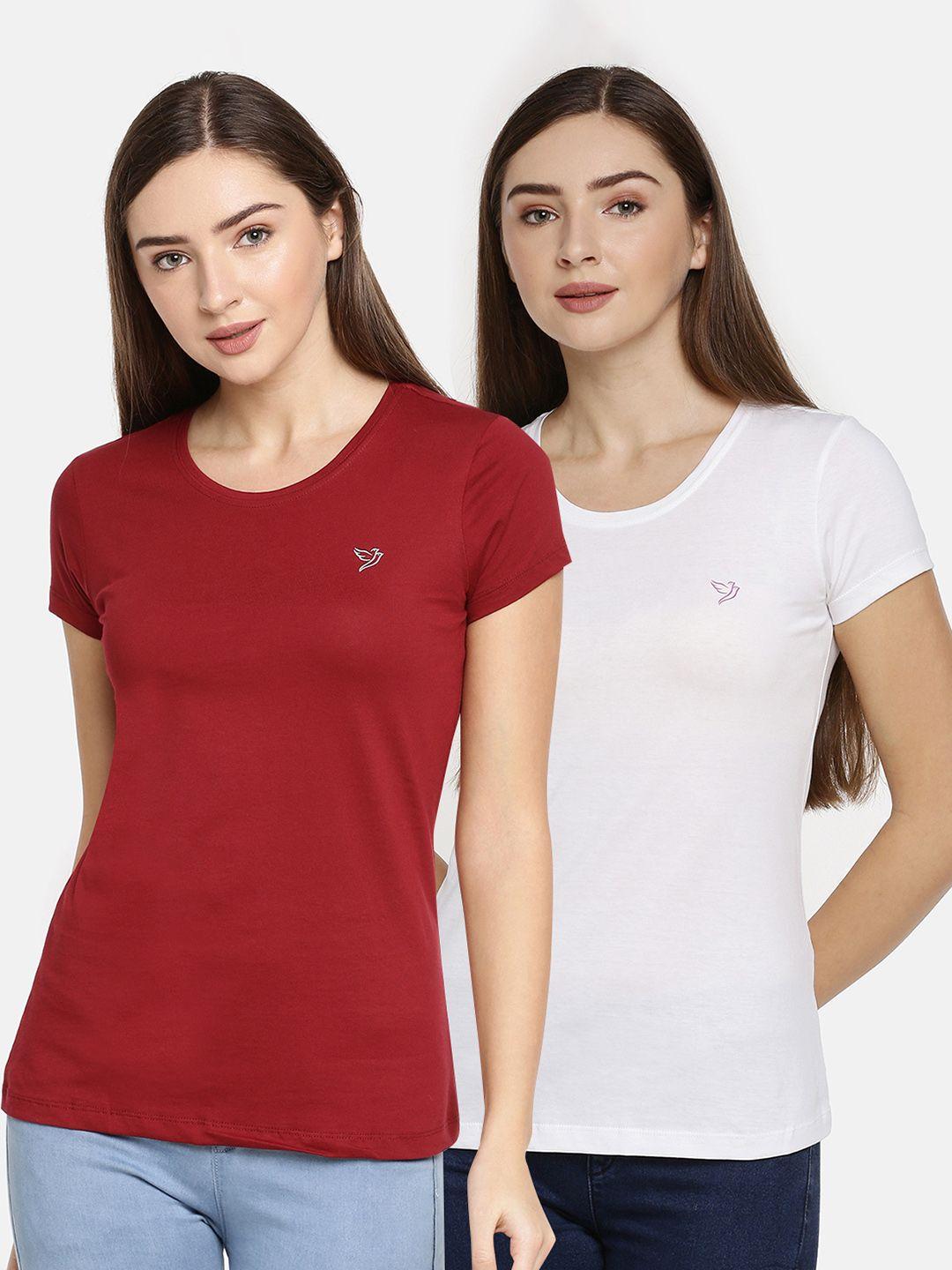 twin birds women pack of 2 maroon  white solid round neck pure cotton t-shirt